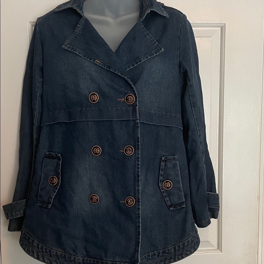 Women's Size Small Dark Blue Double Breasted Denim Jacket pockets Vintage